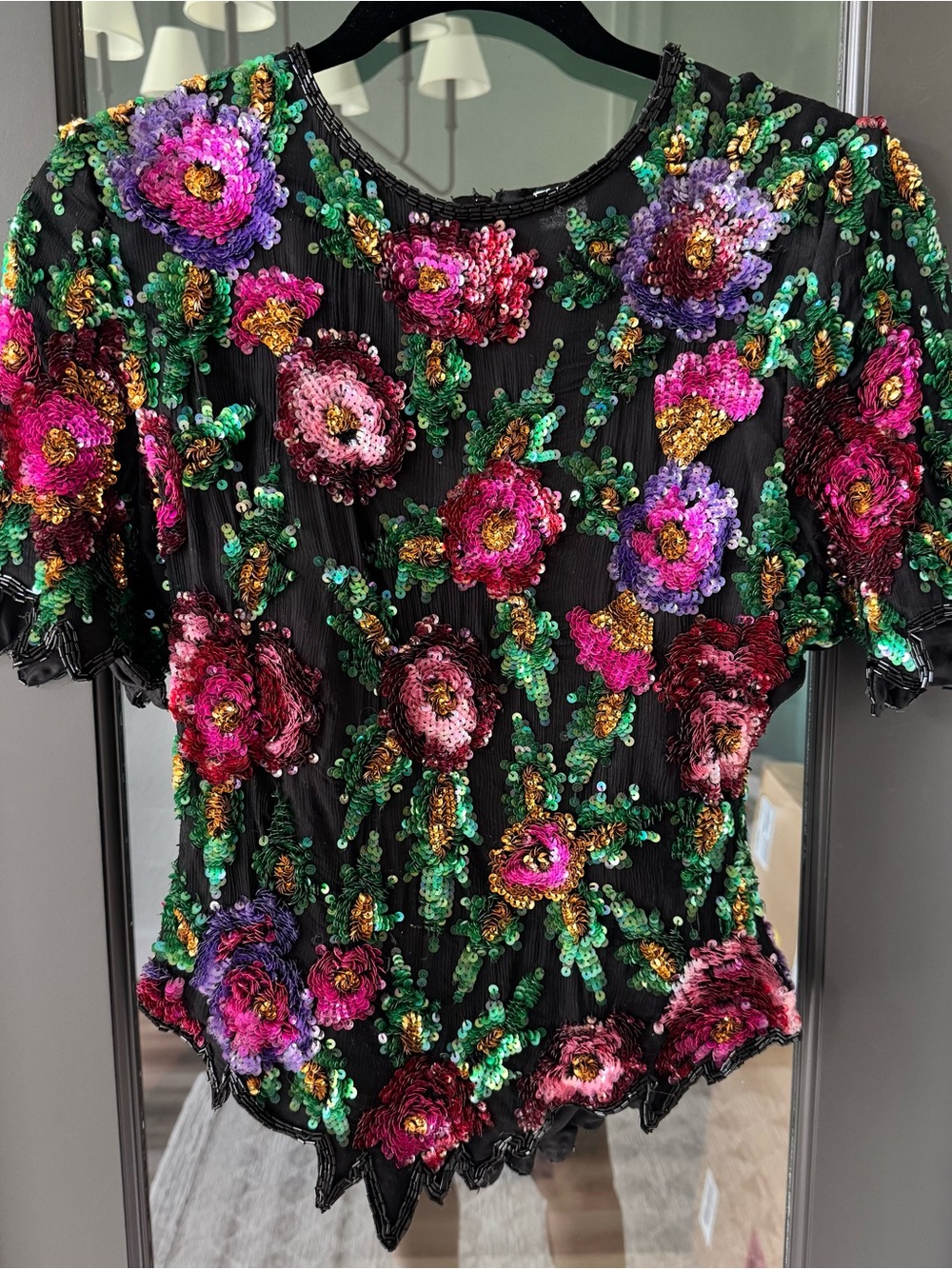 Laurence Kazar Intricate Sequin and Beaded Floral Vintage 80’s Whimsical Top